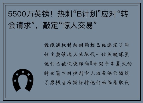 5500万英镑！热刺“B计划”应对“转会请求”，敲定“惊人交易”